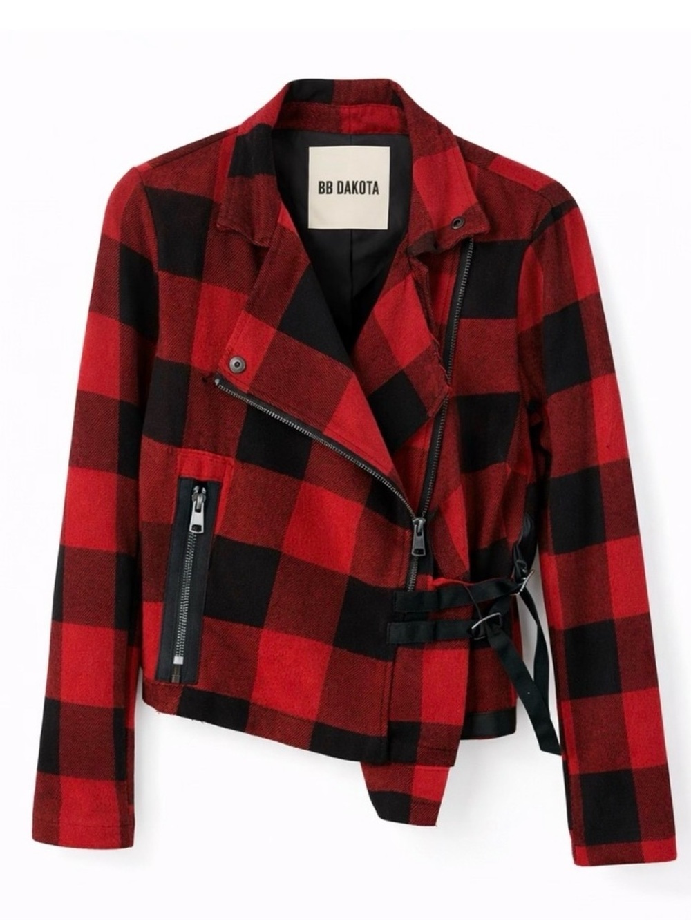 BB DAKOTA Red & Black Plaid Moto Jacket